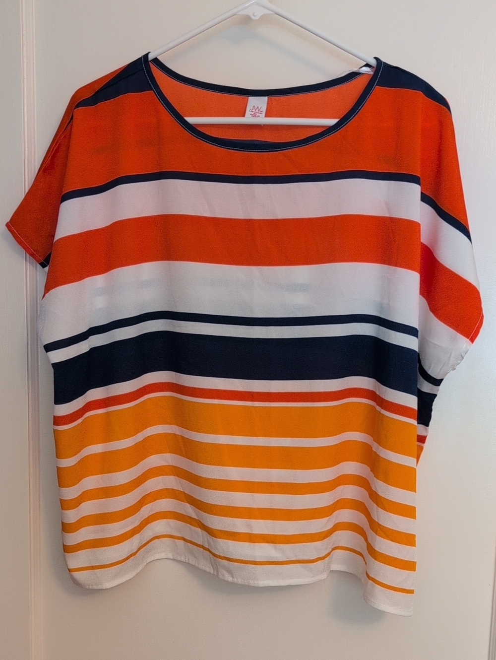 JM Collection Orange, Navy & White Striped Short Sleeve Top